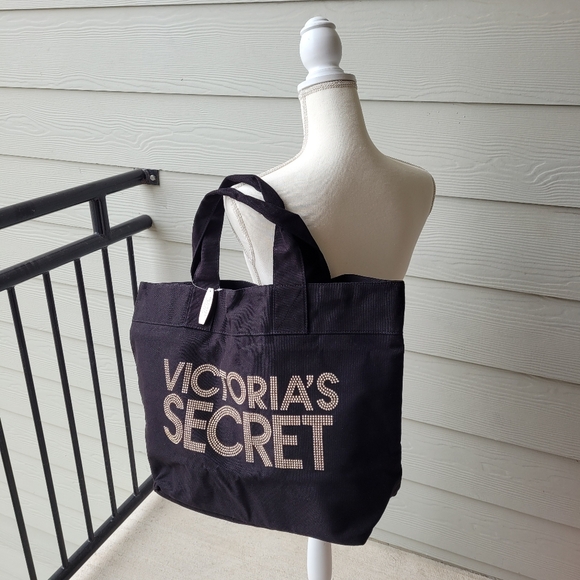 NWT Victoria's Secret Tote Bling Lettering VS Gold Black Large Canvas Duffle - Picture 6 of 9